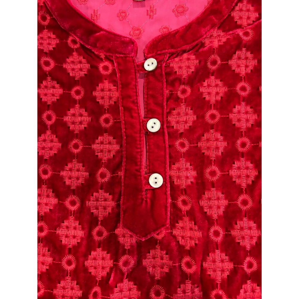 John Mark Red Velvet Embroidered Tunic Top Sm Roll Tab Sleeve Boho Boutique NWT - Picture 6 of 9